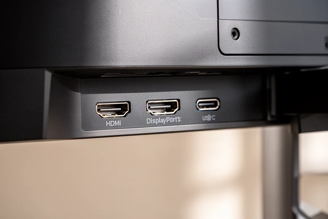 螢幕背面連接埠特寫，包括 HDMI 和 DisplayPort 連接