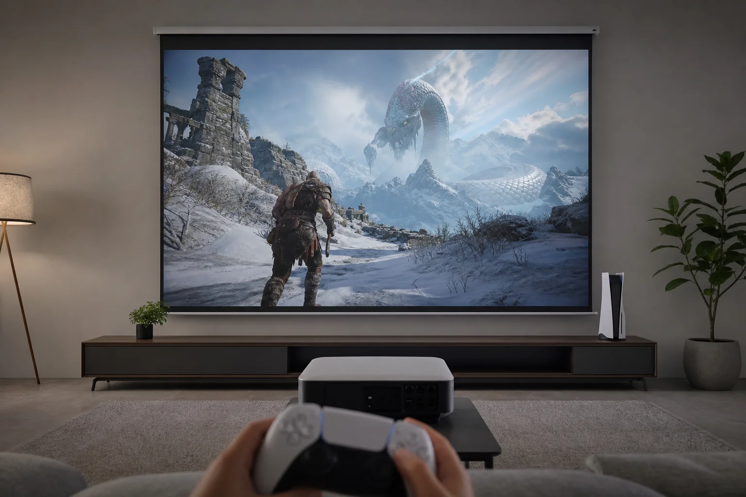 プロジェクターに接続され、ゲーム画面を投影しているPS5コンソール