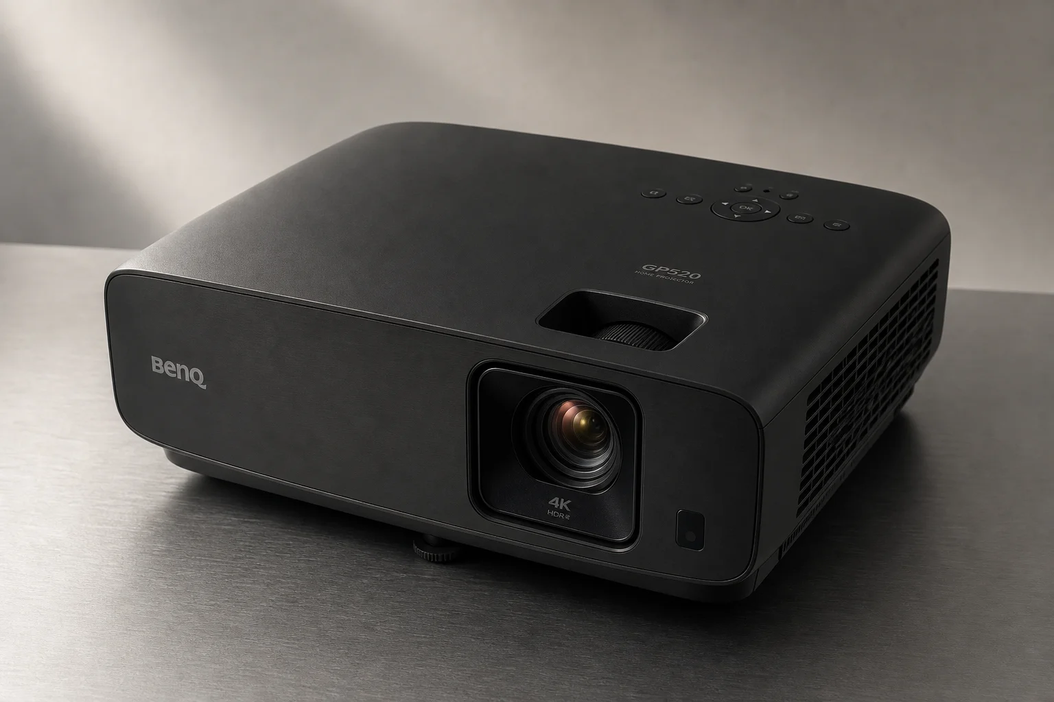 BenQ GP520 4K projector on brushed metal surface with soft studio lighting
