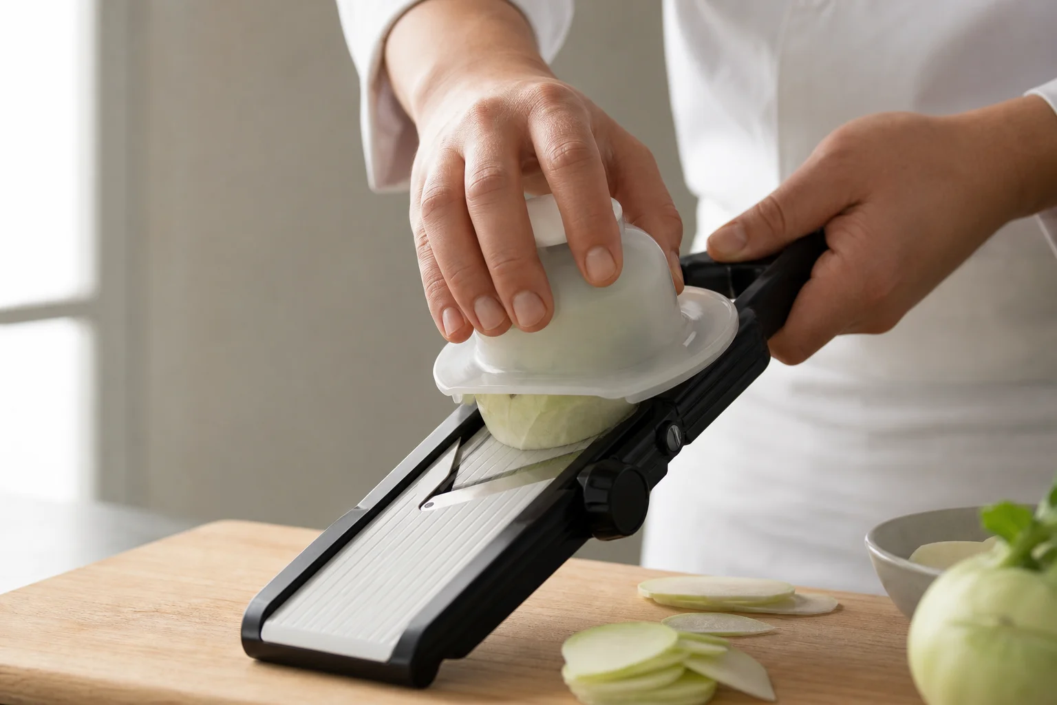 Manos de un chef usando una mandolina con protector para cortar verduras sobre una tabla de cortar