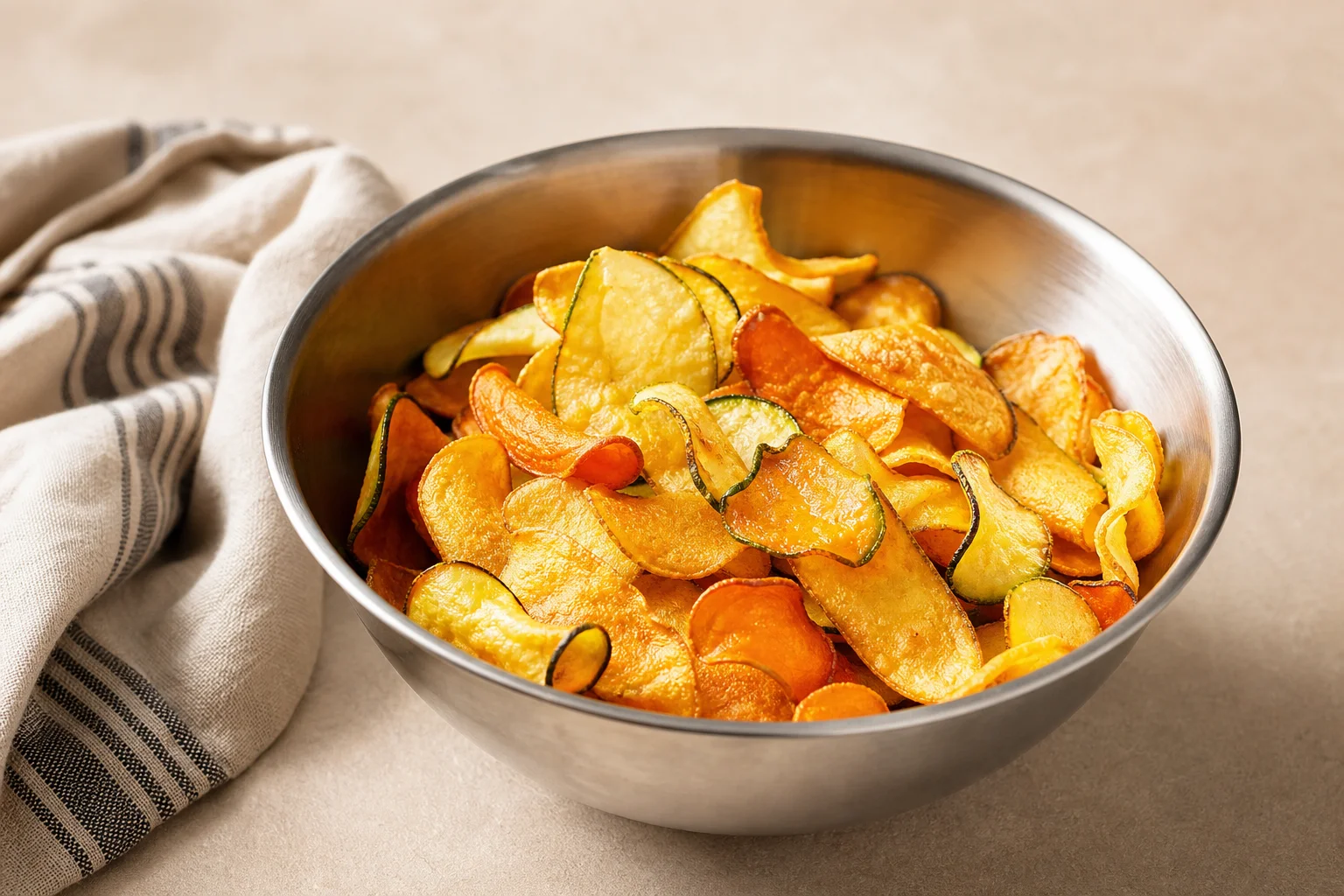 Chips de yuca y remolacha en un bol de acero inoxidable, dorados y crujientes