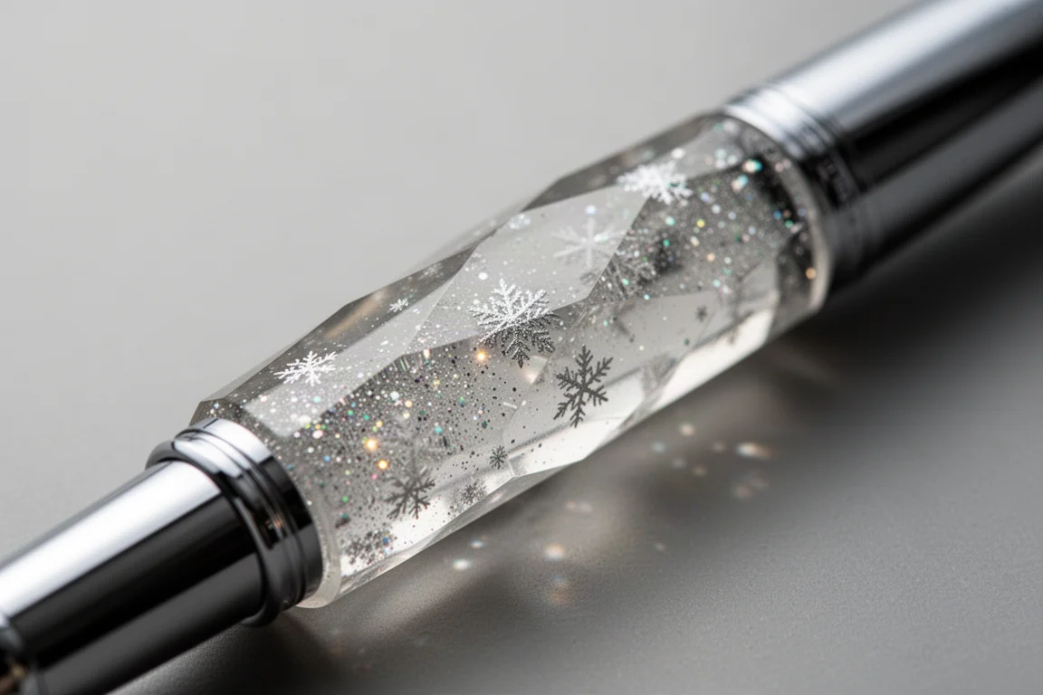 Extrémité du capuchon et corps facetté d'un stylo-plume dont les paillettes accrochent la lumière