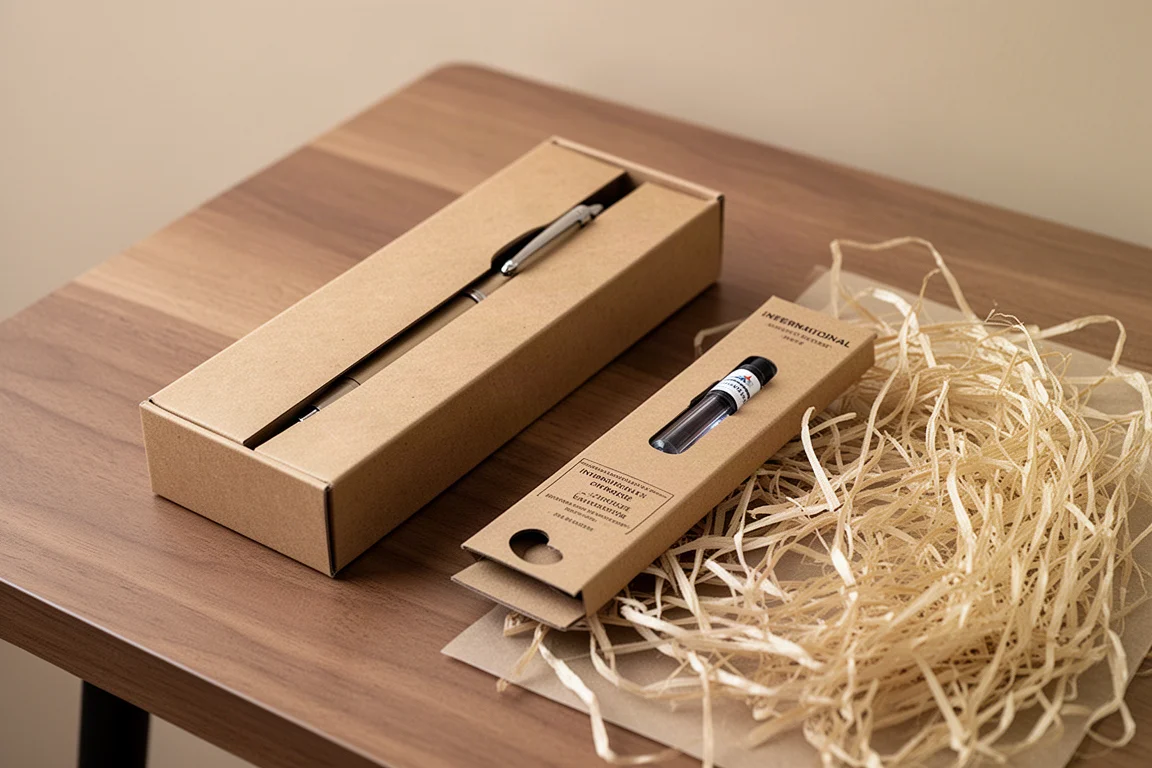 Emballage du stylo-plume déballé avec boîte en carton et pochette de cartouche