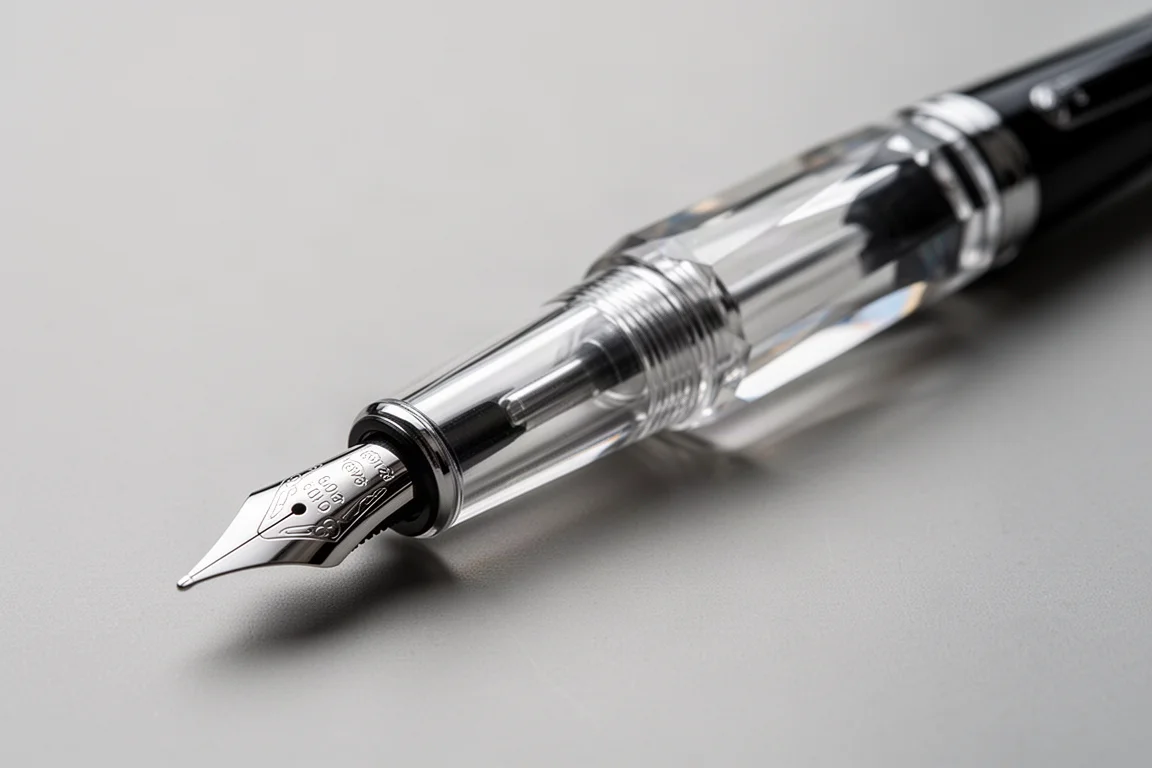 Stylo-plume décapuchonné montrant la section transparente et la plume acier