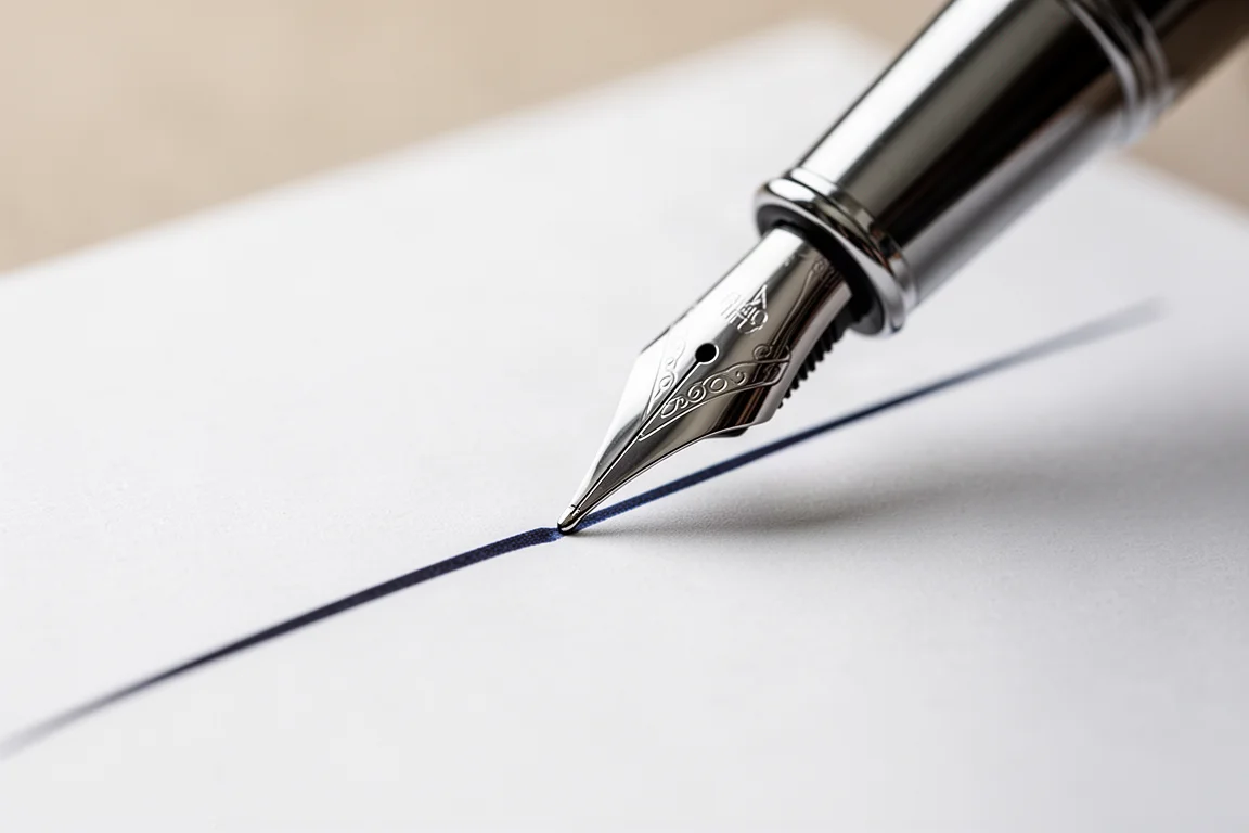Plume large de stylo-plume écrivant une encre humide et fluide sur papier blanc
