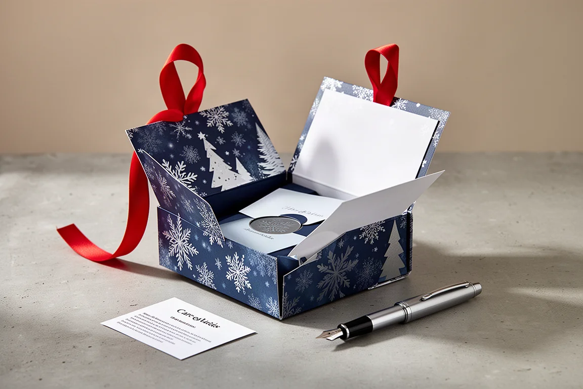 Penna stilografica festiva in una confezione regalo natalizia con un nastro per appenderla all'albero