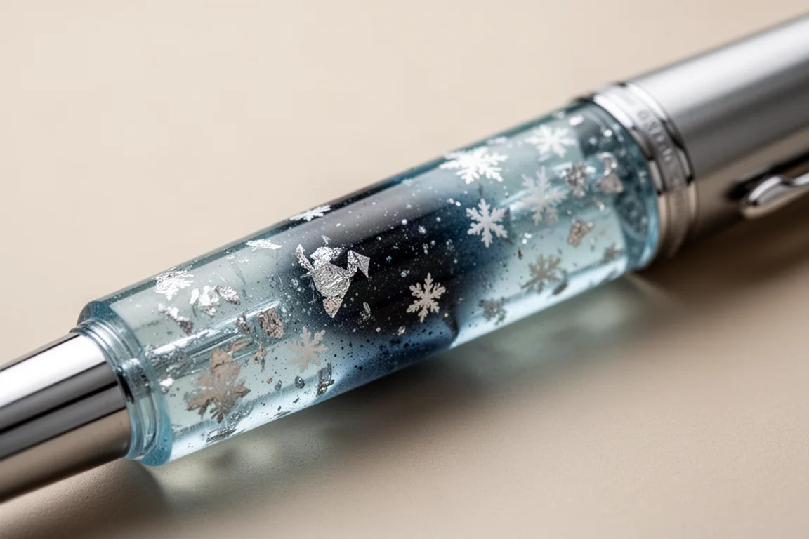 Primo piano della resina blu traslucida della penna con fiocchi di neve e riflessi scintillanti all'interno