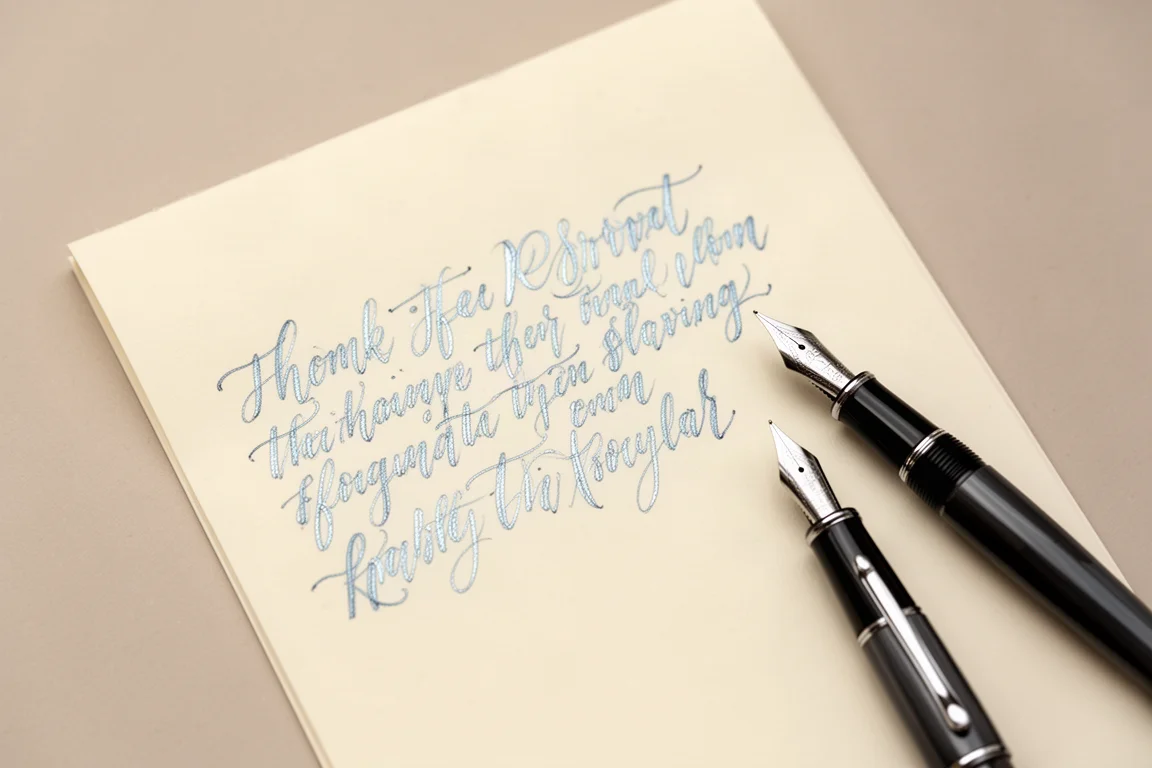 Campione di scrittura a mano con inchiostro blu scintillante su carta color crema