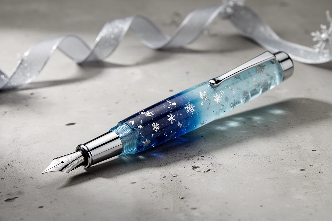 Penna stilografica Benu Astro Gem Christmas con resina blu traslucida festiva e pennino in acciaio