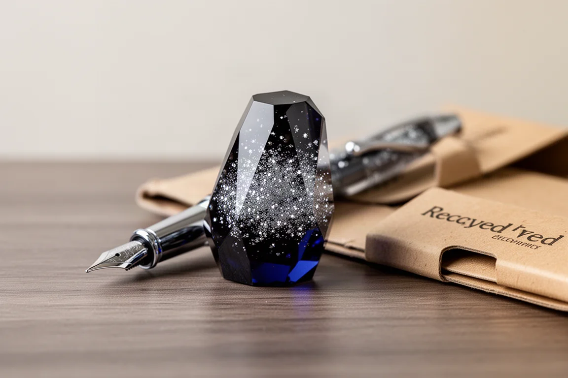 Faceted acrylic fountain pen cap catching light on a dark desk surface