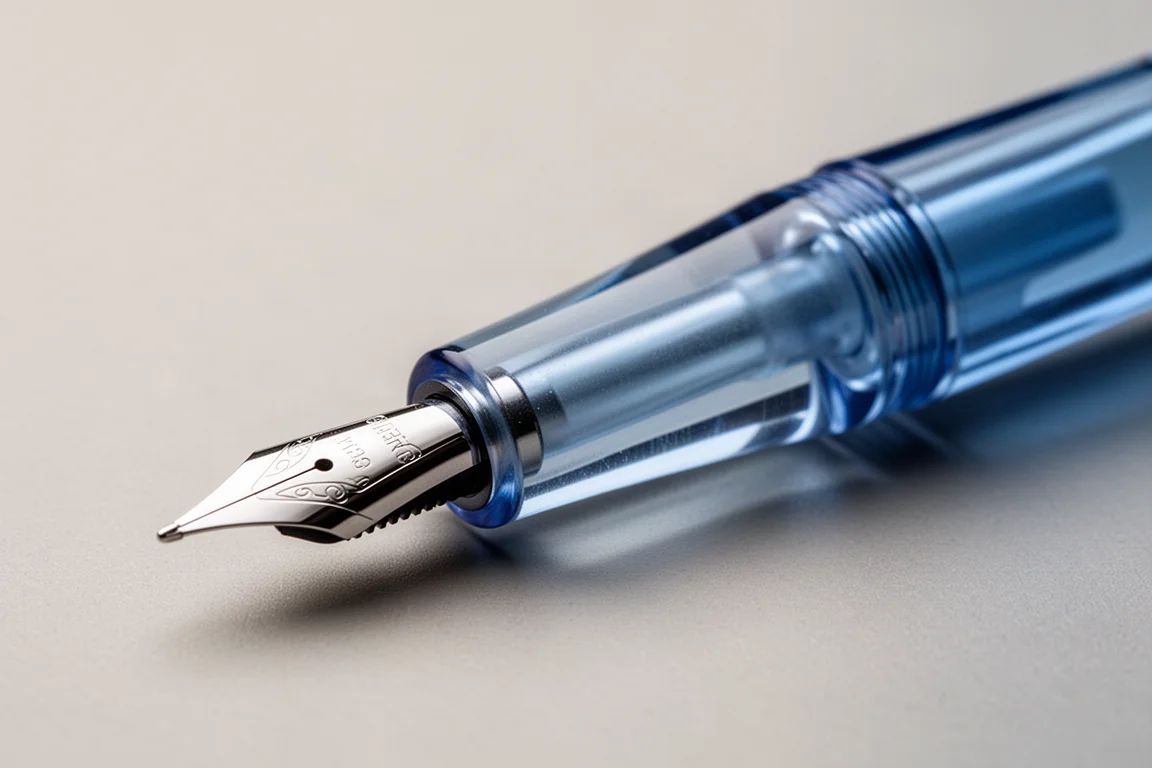 Fountain pen nib section detail showing translucent blue grip and steel nib
