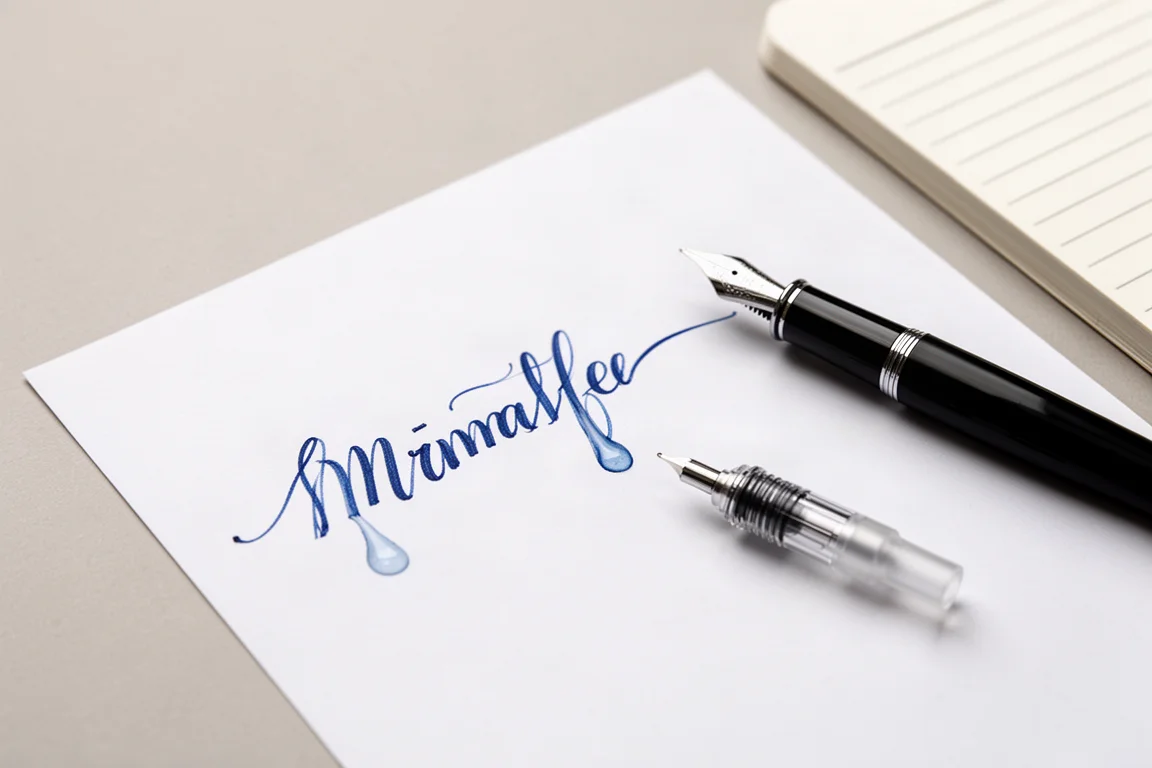 Handwritten ink sample in blue ink drying on white paper