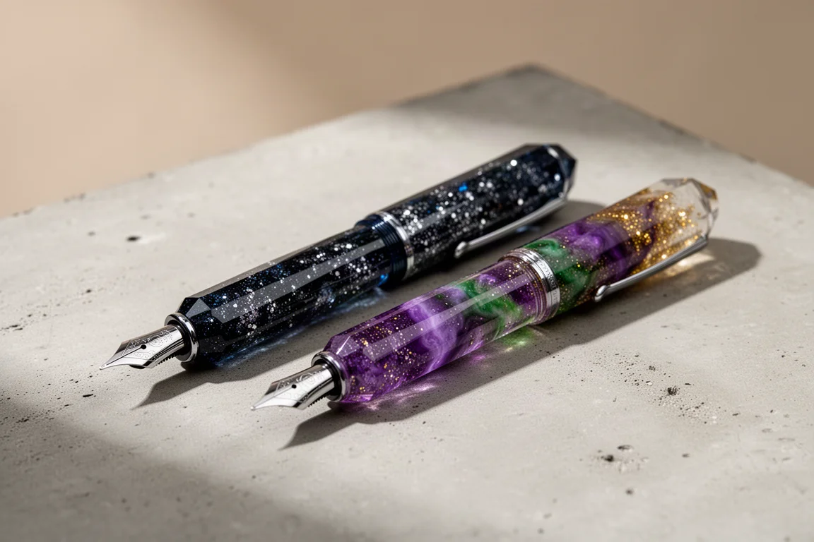 Due penne stilografiche Benu Astro Gem sfaccettate in resina blu-nero e multicolore su una superficie di cemento