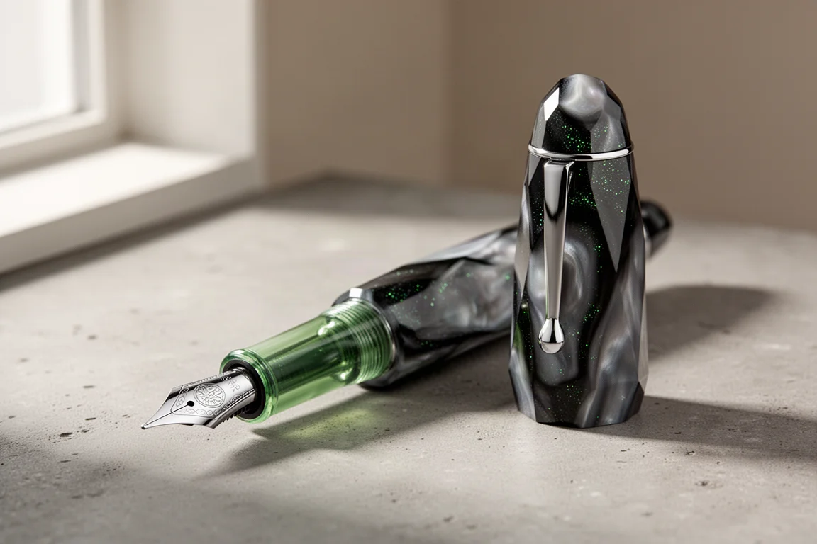 Benu AstroGem fountain pen in black and gray resin with green shimmer, uncapped on a neutral surface