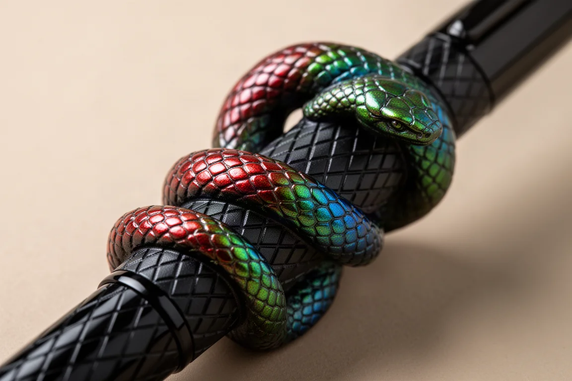 Primer plano de una serpiente verde esculpida con escamas iridiscentes enroscada alrededor del cuerpo negro de una pluma estilográfica