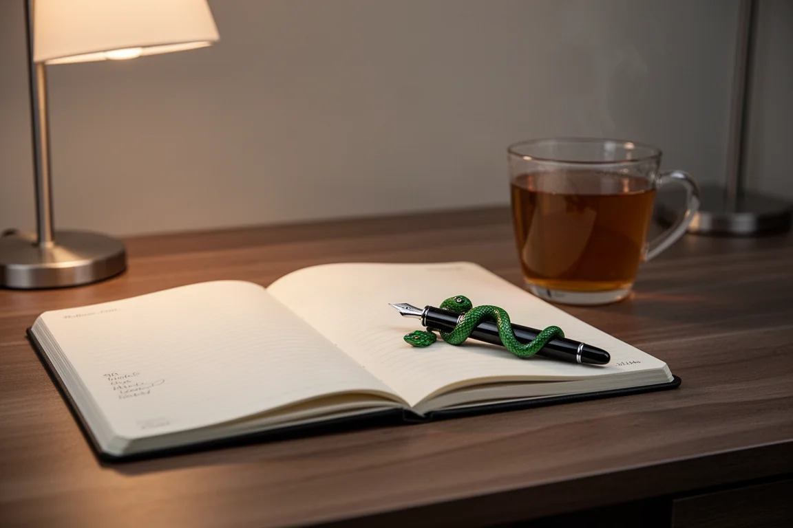 Cuaderno abierto y pluma estilográfica sobre un escritorio de madera con luz suave de atardecer