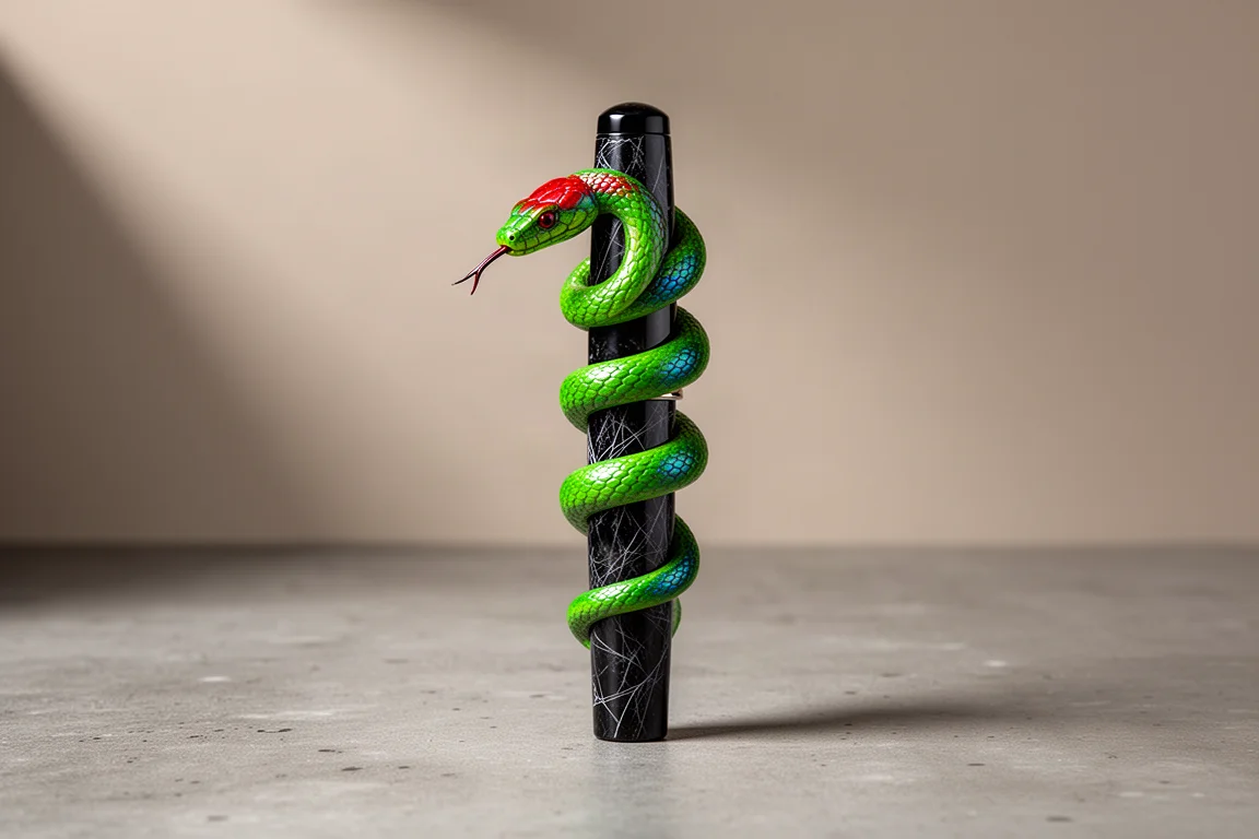 Penna stilografica in resina nera con un serpente verde dipinto a mano arrotolato attorno al fusto