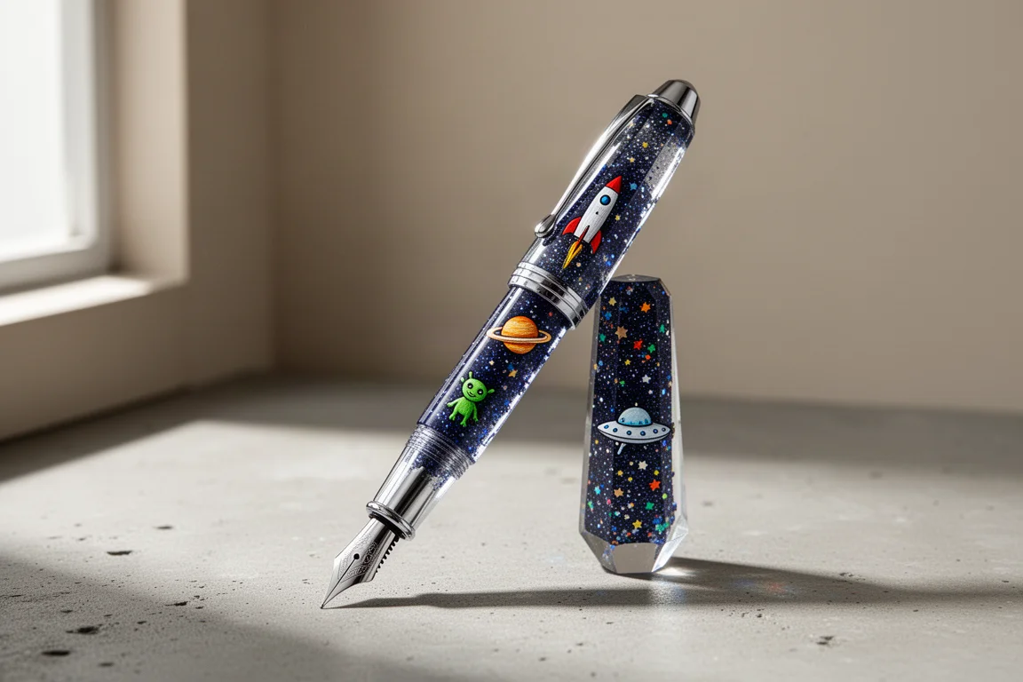 Faceted hand-painted resin fountain pen with space artwork on a concrete surface