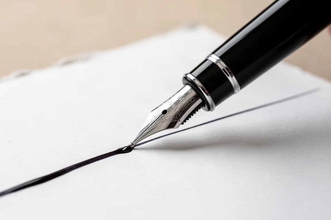 Füllfederhalterfeder schreibt eine Tintenlinie auf weißes Papier