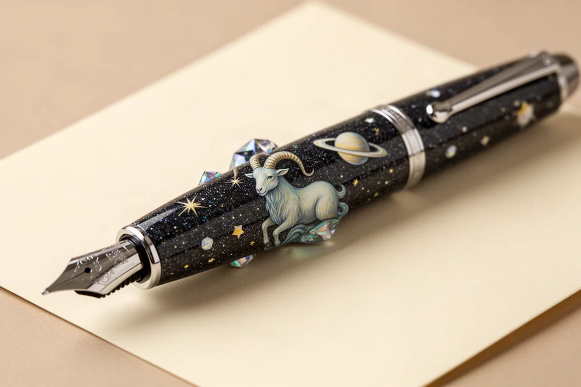 鋼筆筆身平放於紙上,展示手工彩繪的星座圖案