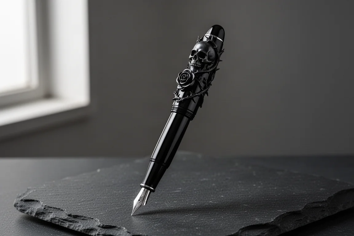 Glänzender schwarzer Resin-Füllfederhalter mit skulpierten Totenkopf- und Rosendetails auf dunklem Stein