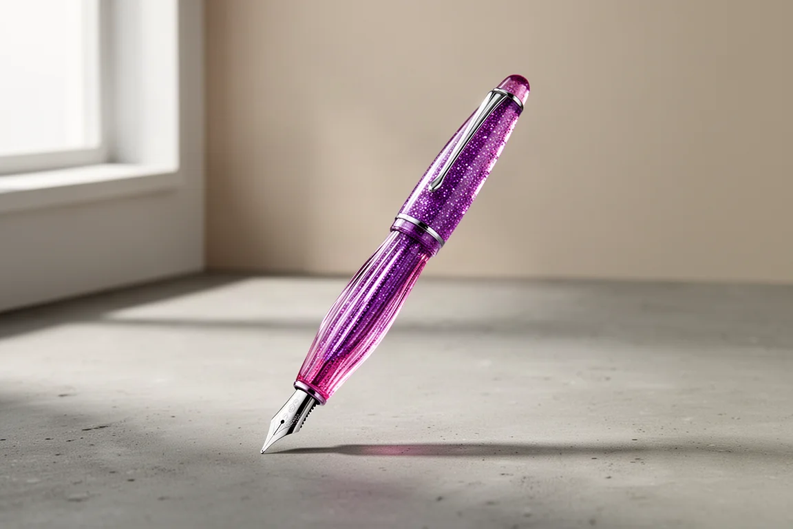 Sparkly purple and pink fluted fountain pen on a matte concrete surface