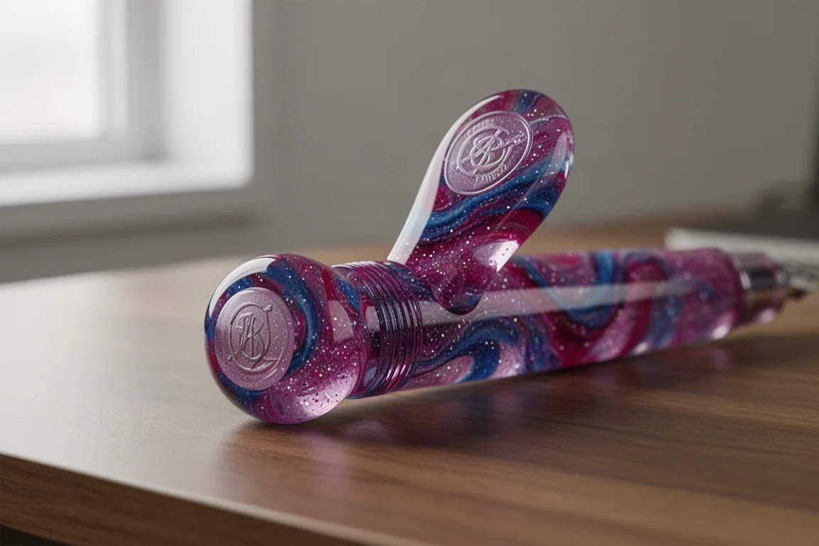 Cap and barrel of a magenta, blue, and purple acrylic fountain pen on a desk