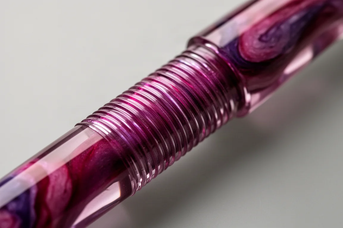 Ridged barrel section of a fountain pen held near a window