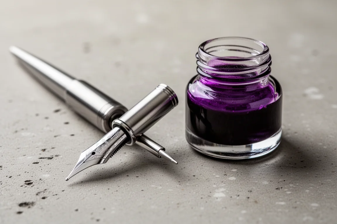 Fountain pen nib in stainless steel resting beside an ink bottle