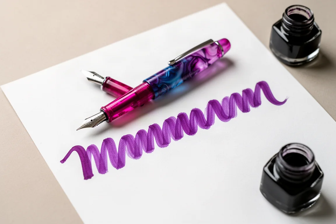Fountain pen with purple ink written lines on white paper