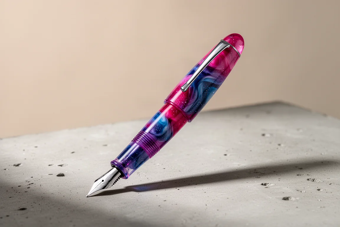 Benu Daily Mate Joyful Saturday Füllhalter aus Magna-, Blau- und Violett-Harz auf einer Betonfläche
