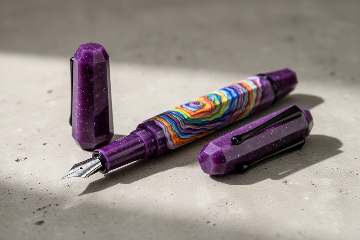 Purple faceted Benu Euphoria Dream fountain pen with hand-painted barrel on concrete surface
