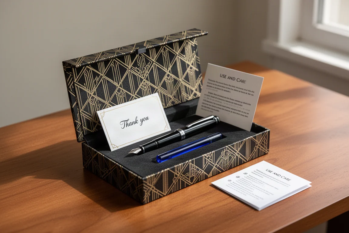 Boîte de stylo de style Art déco ouverte révélant un stylo-plume et une carte de remerciement