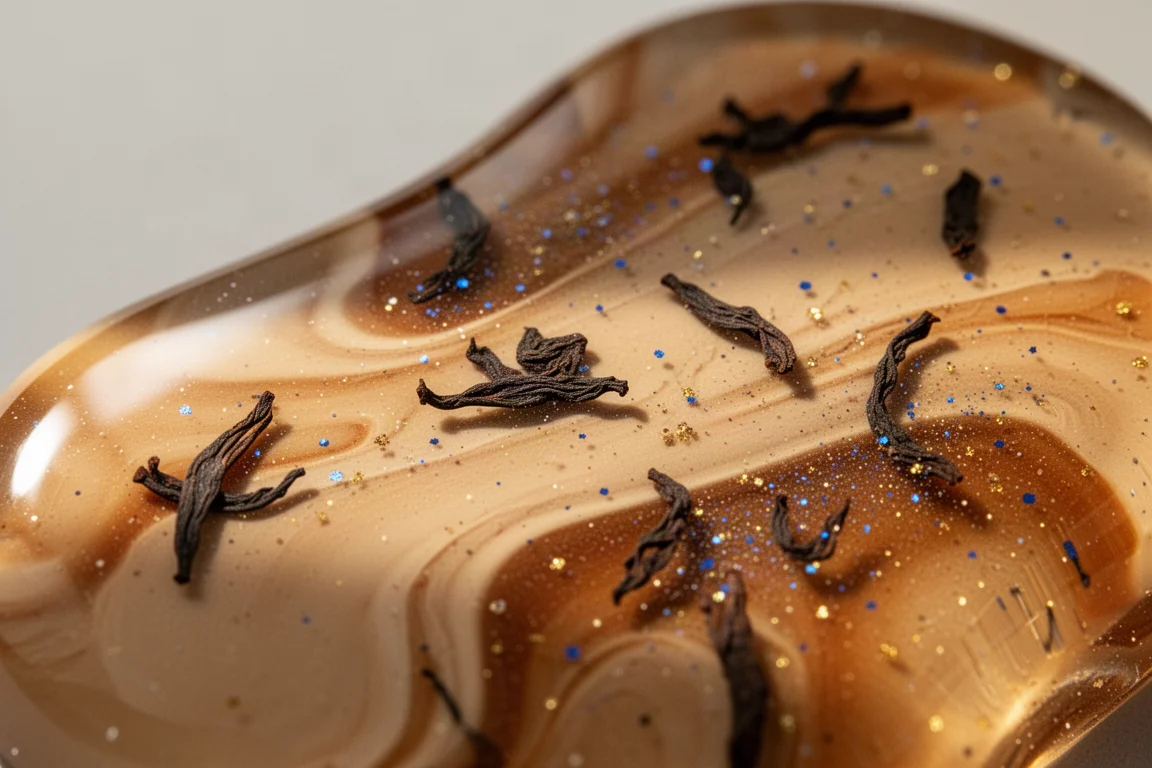 Gros plan sur la résine Earl Grey montrant des particules de thé et un scintillement bleu