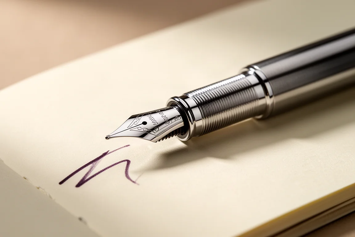 Plume et grip d'un stylo-plume posés sur du papier de carnet crème
