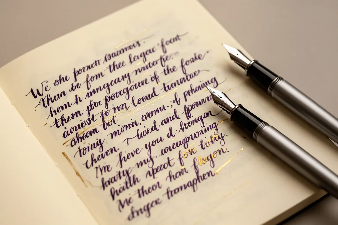 Échantillon d'écriture à l'encre violet foncé avec reflets dorés sur papier