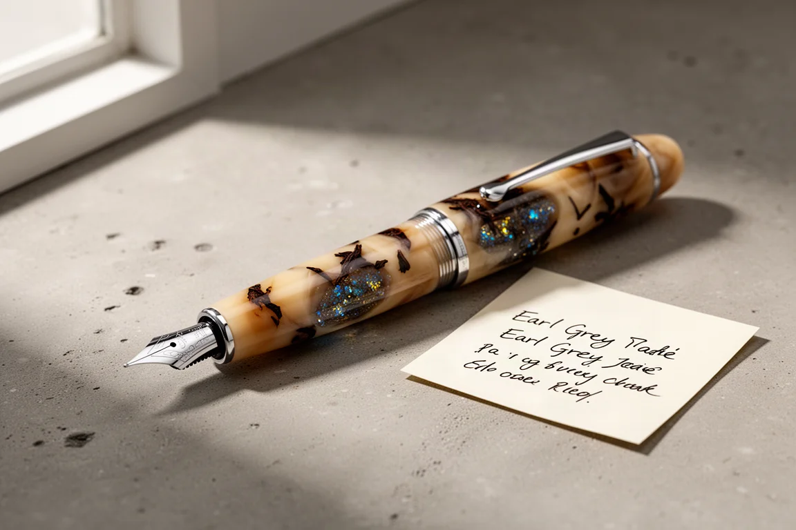 BENU Euphoria fountain pen in Earl Grey resin lying on a concrete surface