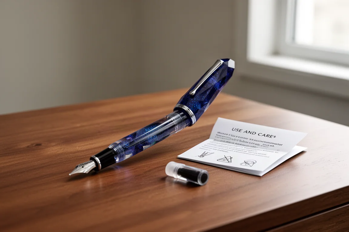Penna stilografica in resina con capsula blu scuro brillante appoggiata su una scrivania in legno