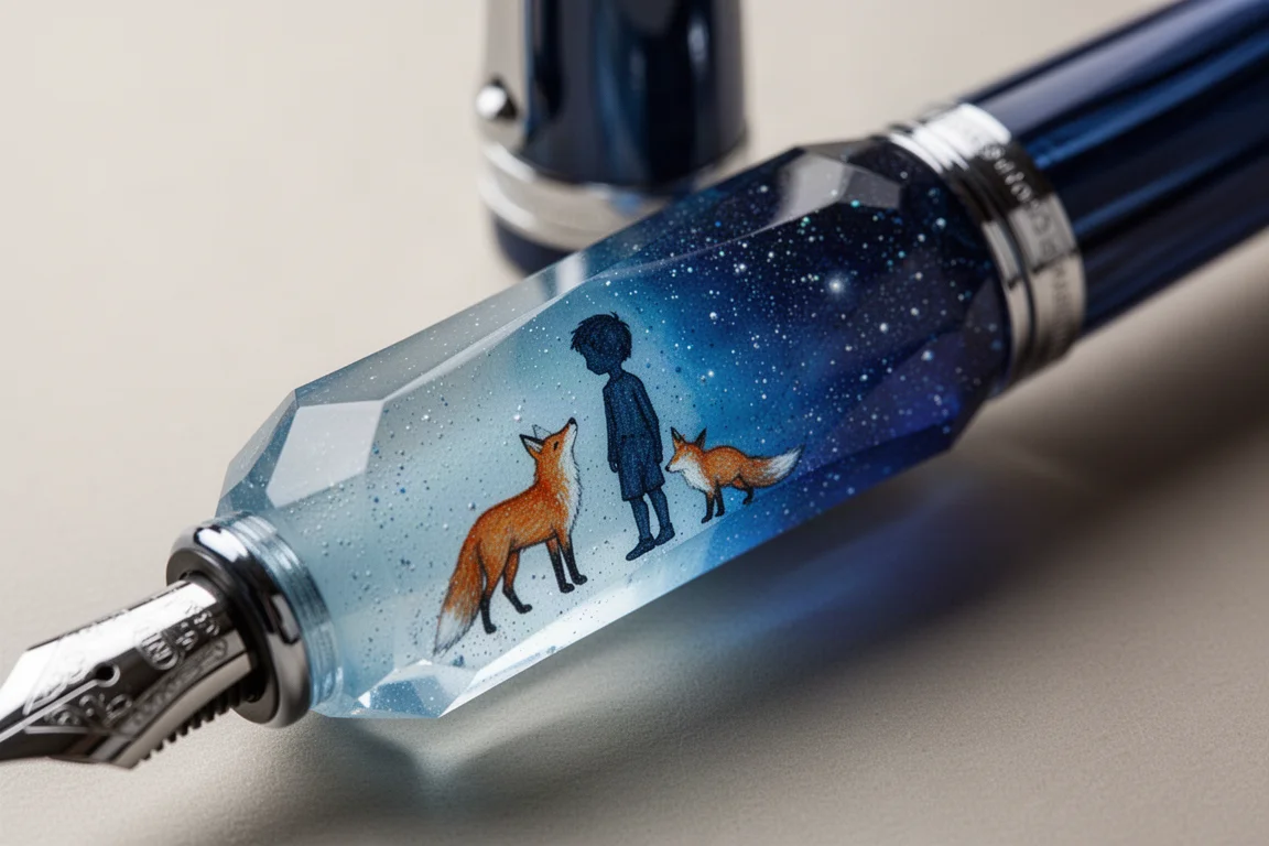 Primo piano del fusto di una penna che mostra un bambino dipinto e la silhouette di una volpe su un gradiente stellato