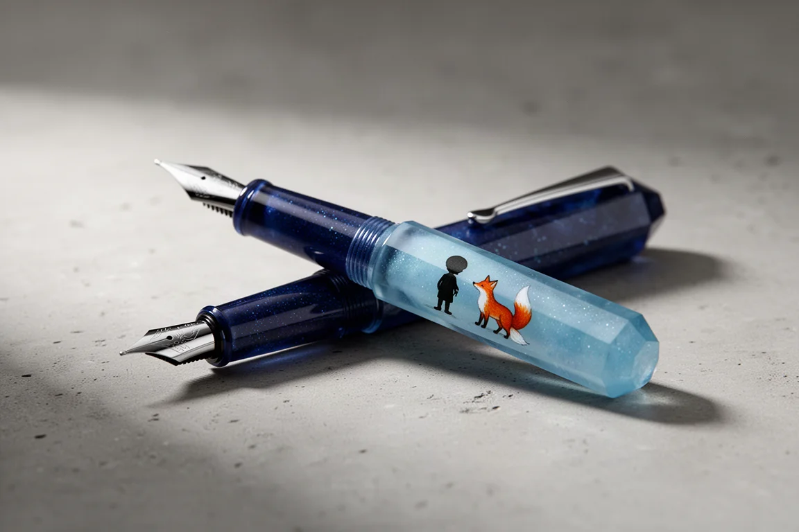 Benu Euphoria La Petite Prince fountain pen with blue shimmer resin on a concrete surface