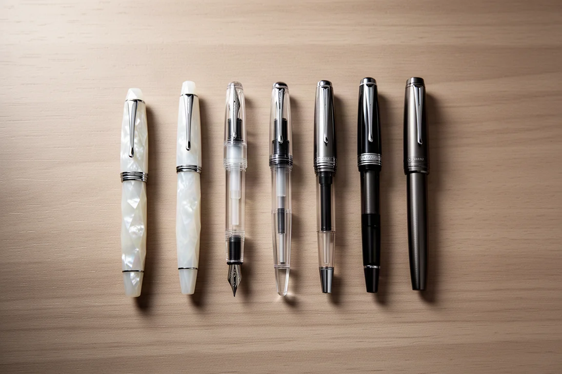不同大小的鋼筆在桌面上排成一列作尺寸比較