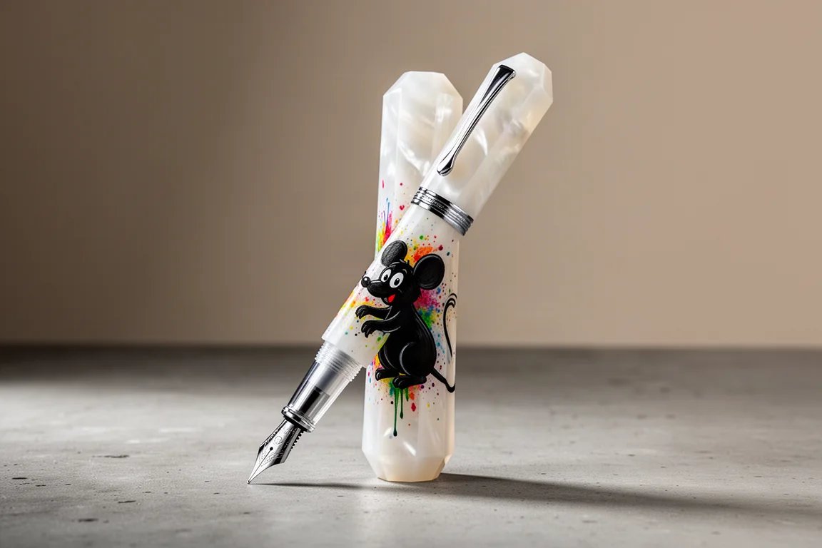 Pearlescent white faceted fountain pen with hand-painted cartoon artwork and colorful splatter accents