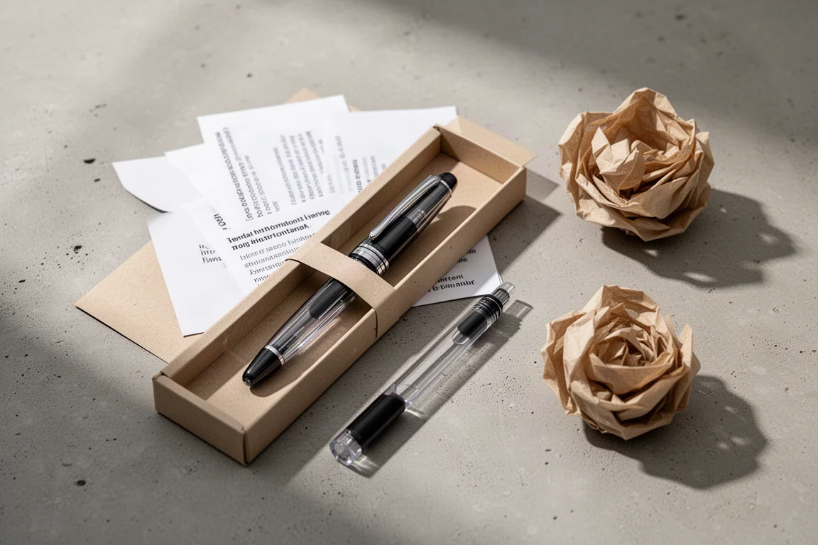 Fountain pen resting in its packaging sleeve beside an ink cartridge