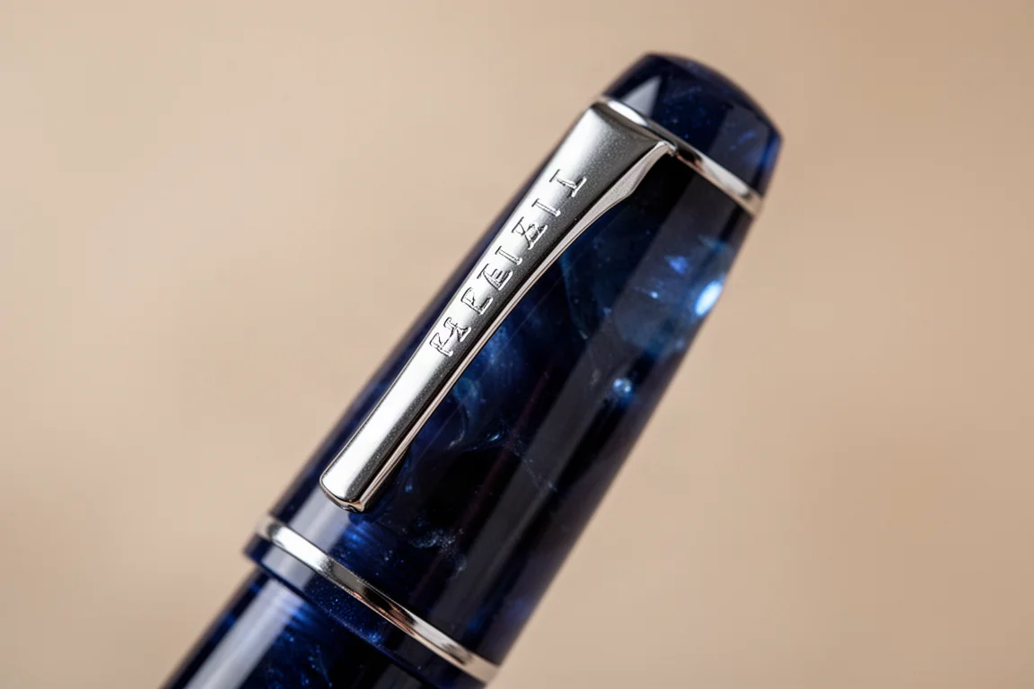 Close-up of a blue resin fountain pen cap band catching soft light