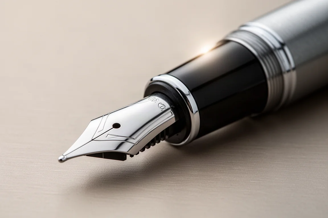 Fountain pen section and stainless steel nib in sharp focus