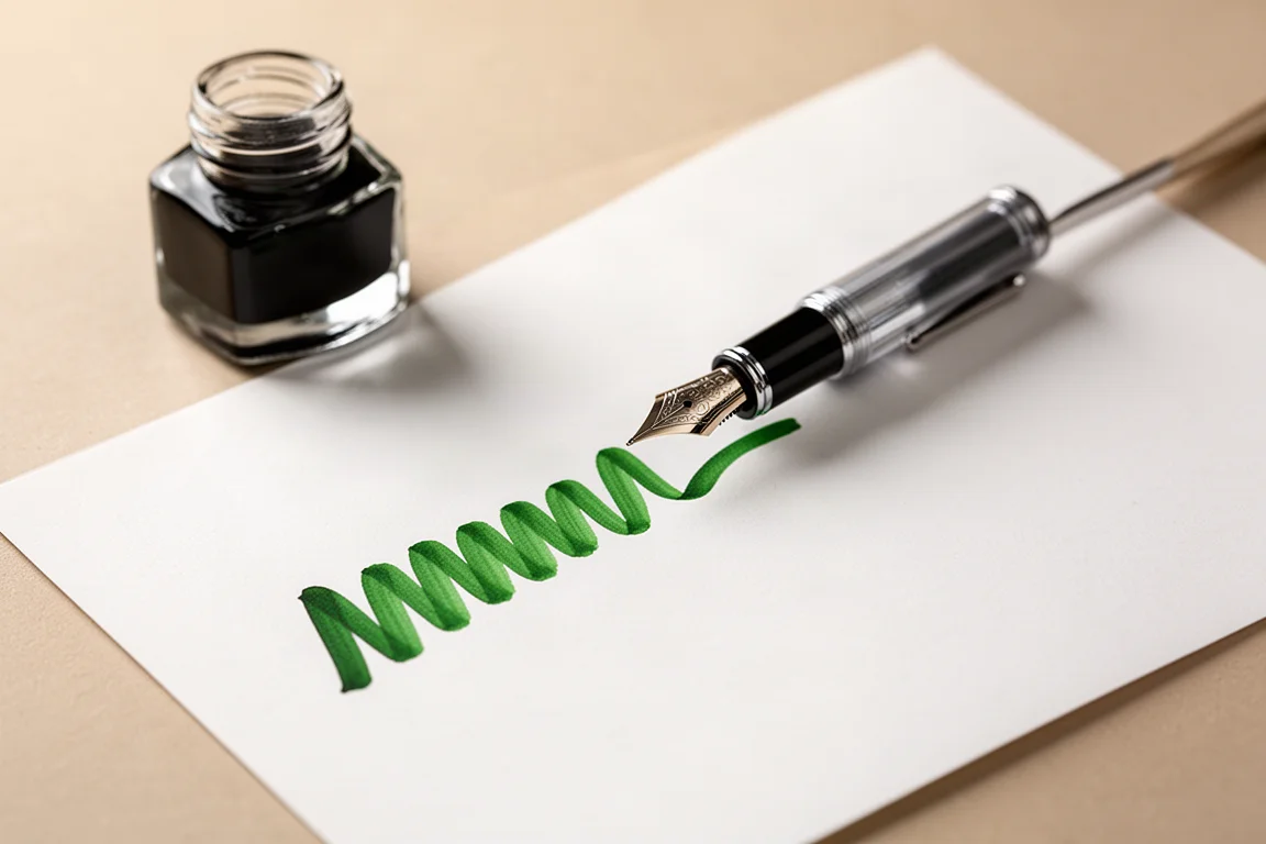 Fountain pen writing sample with flowing green ink on white paper