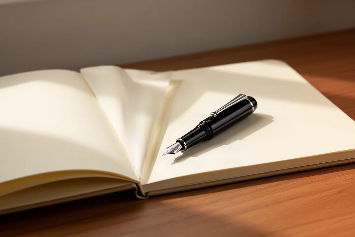 Small pocket fountain pen posted and ready for writing on a desk beside an open notebook