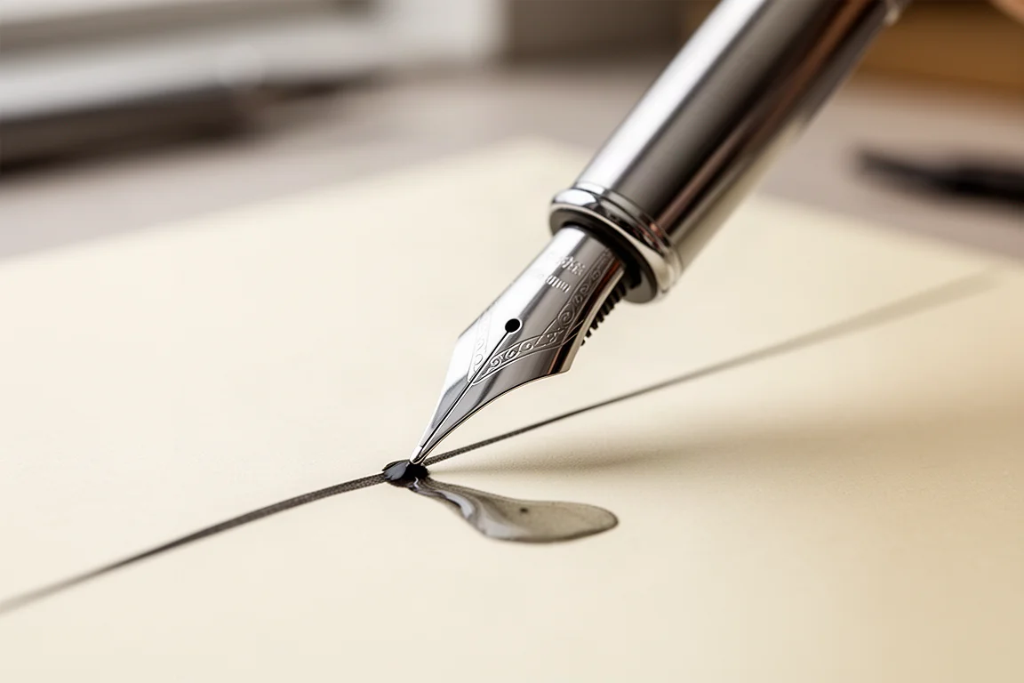 Close-up of a steel fountain pen nib resting on paper during a writing test