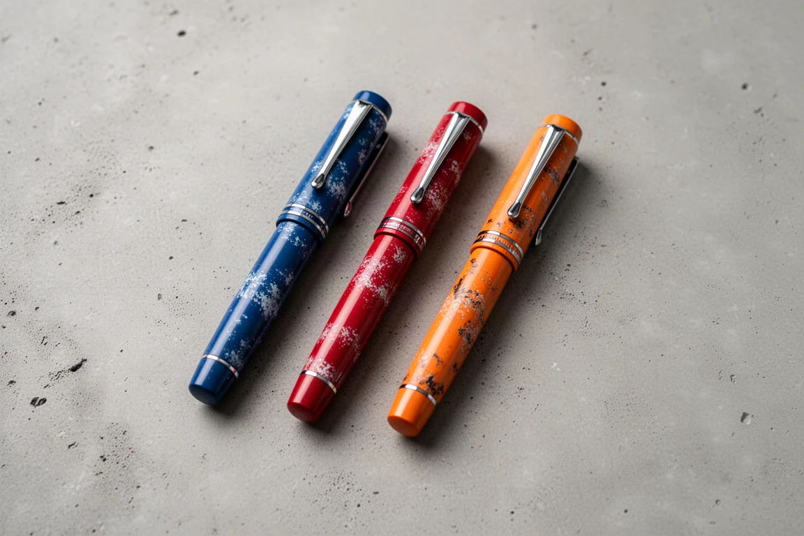 Three small pocket fountain pens in blue, red, and orange finishes arranged side by side