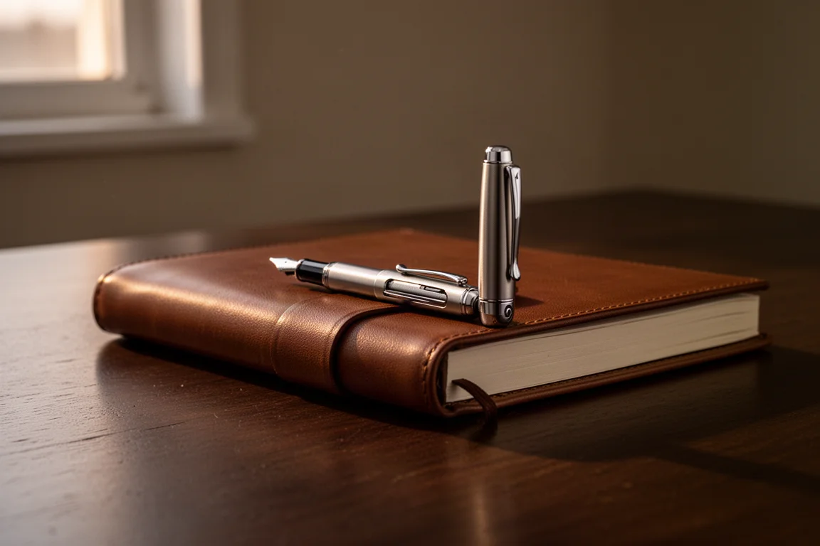 Compact fountain pen capped and lying on a notebook edge in soft desk light